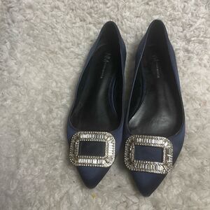 NEIMAN MARCUS Fabric Satin Navy Blue slip on flats with Brooch accent SZ8
